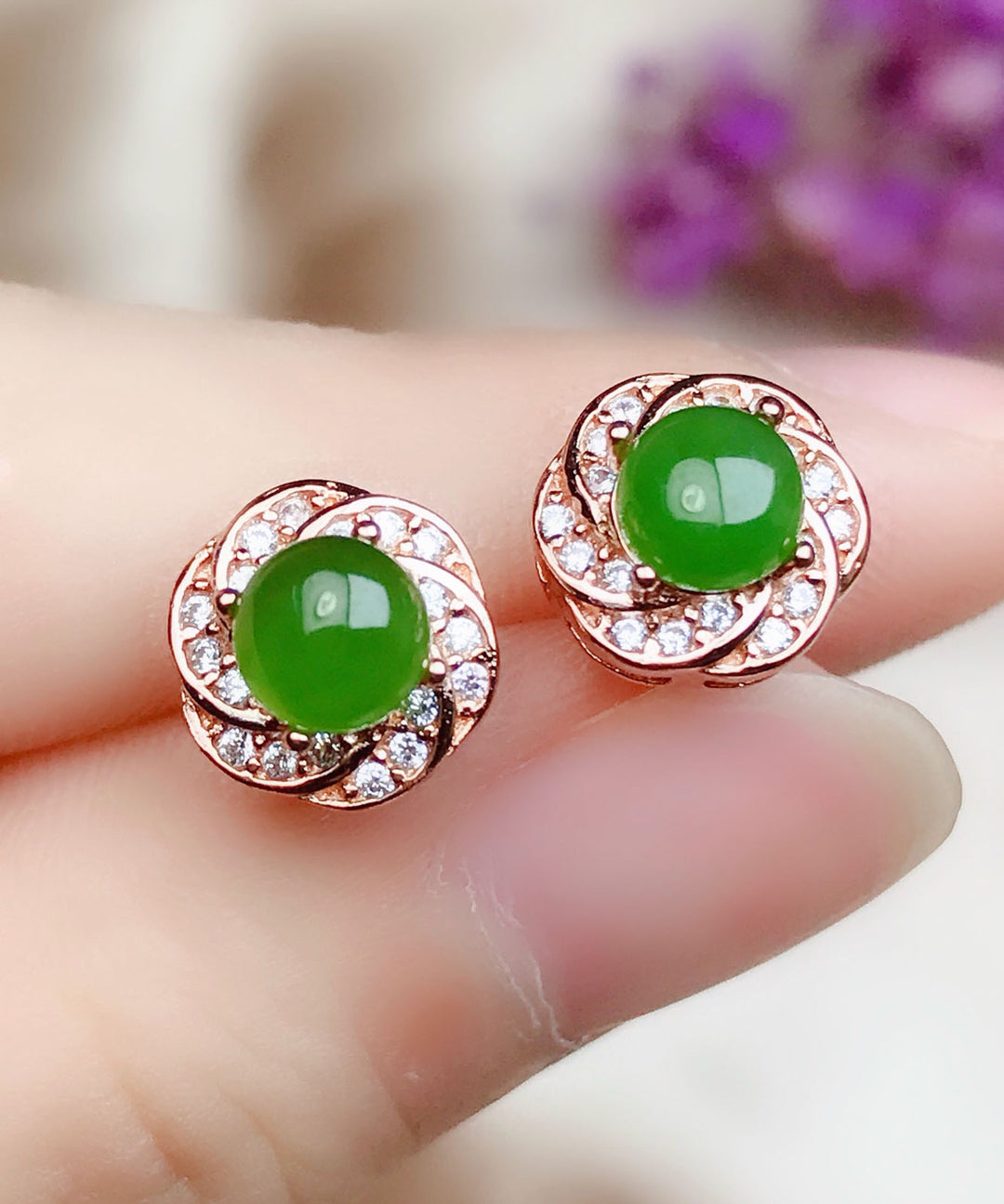 Fashion Green Silver Overgild Zircon Jade Stud Earrings