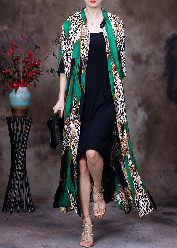 Fashion Green Stand Collar Leopard Print Button Wrinkled Silk Long Cardigans Summer