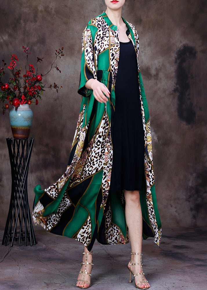 Fashion Green Stand Collar Leopard Print Button Wrinkled Silk Long Cardigans Summer