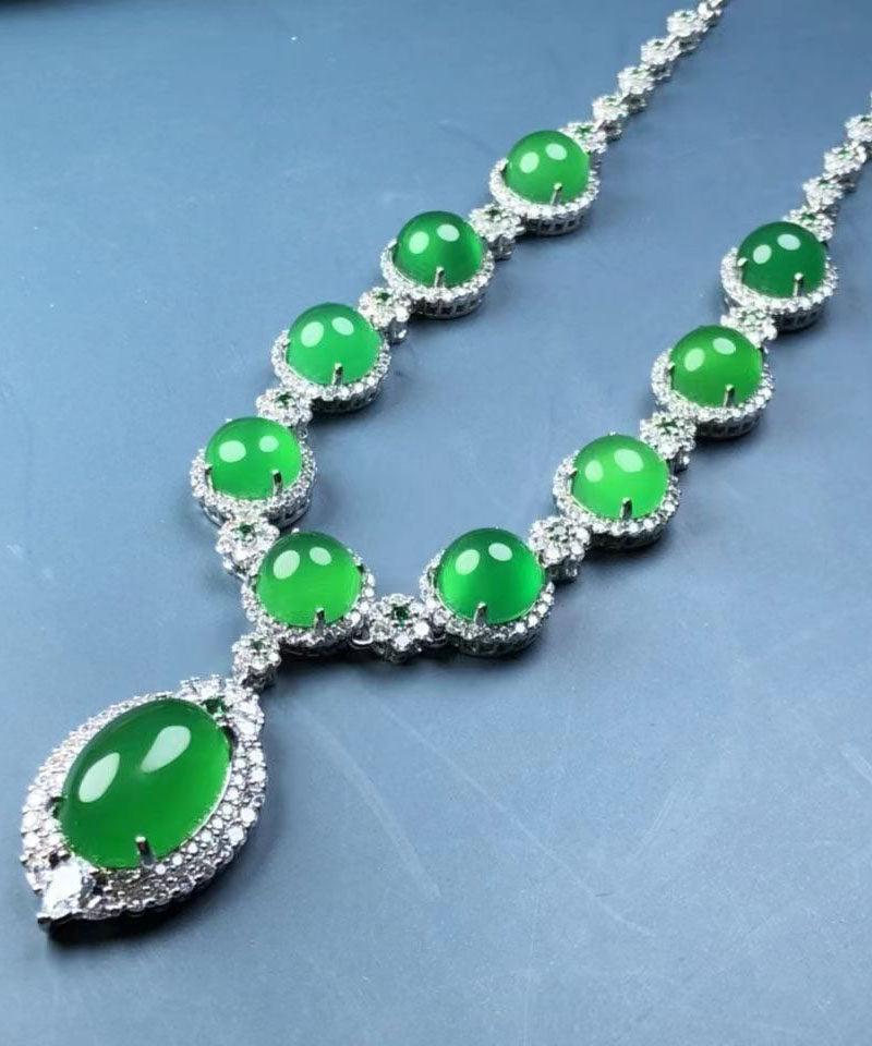 Fashion Green Sterling Silver Inlaid Zircon Chalcedony Pendant Necklace
