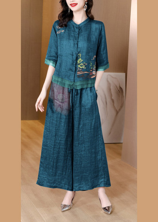 Fashion Green V Neck Button Linen Top And Pants Two Piece Suit Set Short Sleeve