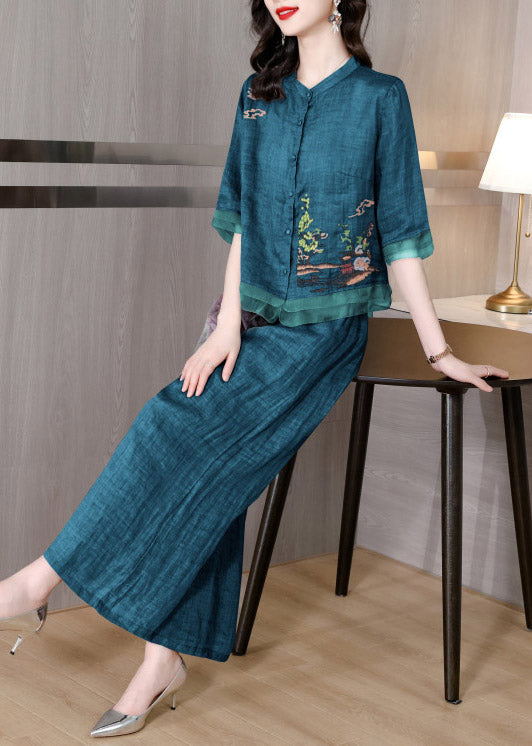 Fashion Green V Neck Button Linen Top And Pants Two Piece Suit Set Short Sleeve