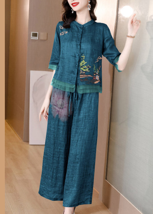 Fashion Green V Neck Button Linen Top And Pants Two Piece Suit Set Short Sleeve