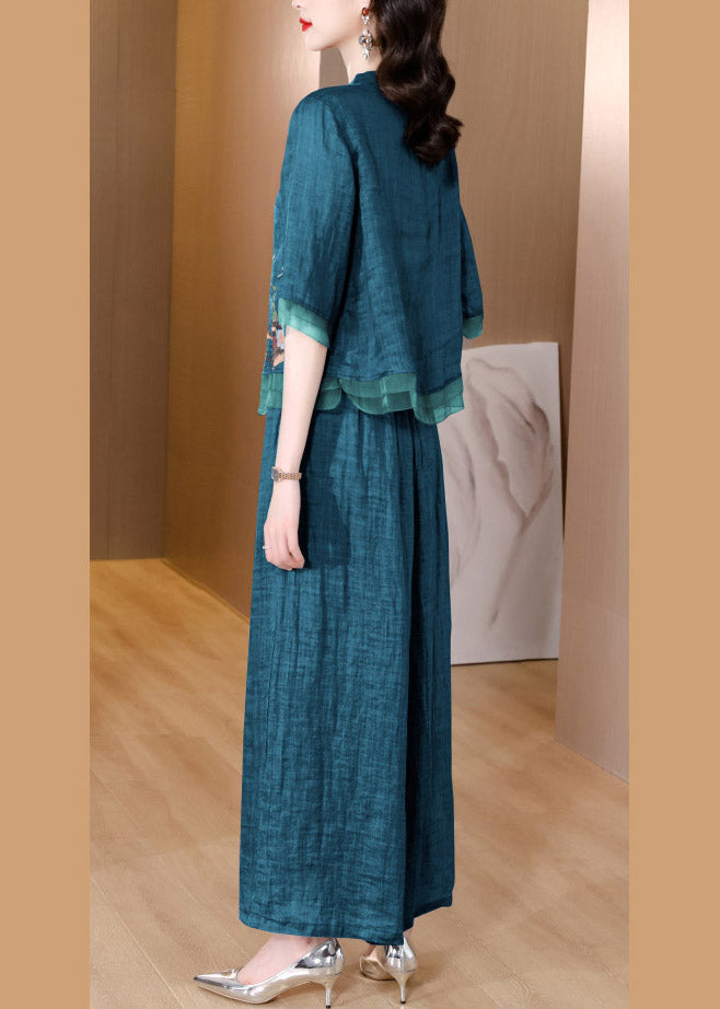 Fashion Green V Neck Button Linen Top And Pants Two Piece Suit Set Short Sleeve