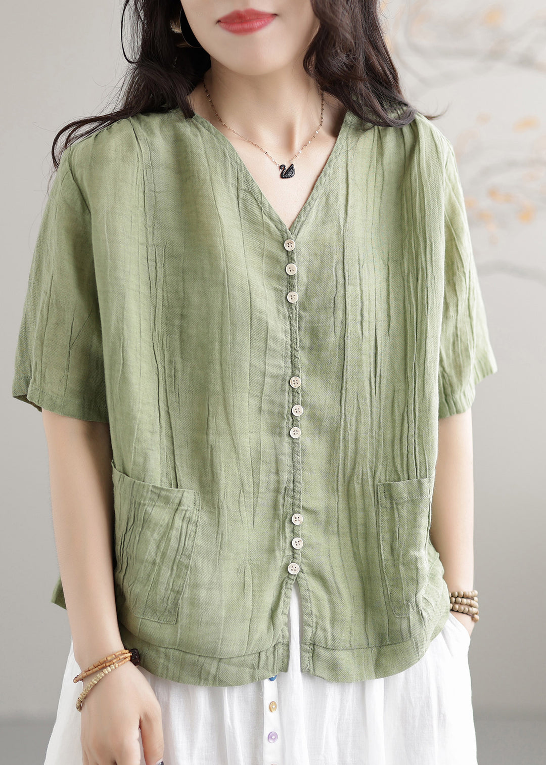 Fashion Green V Neck Linen T Shirts Short Sleeve