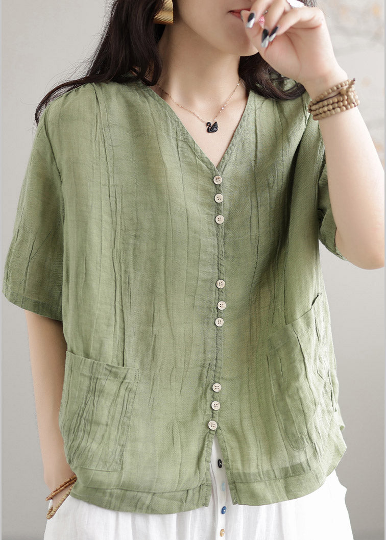 Fashion Green V Neck Linen T Shirts Short Sleeve