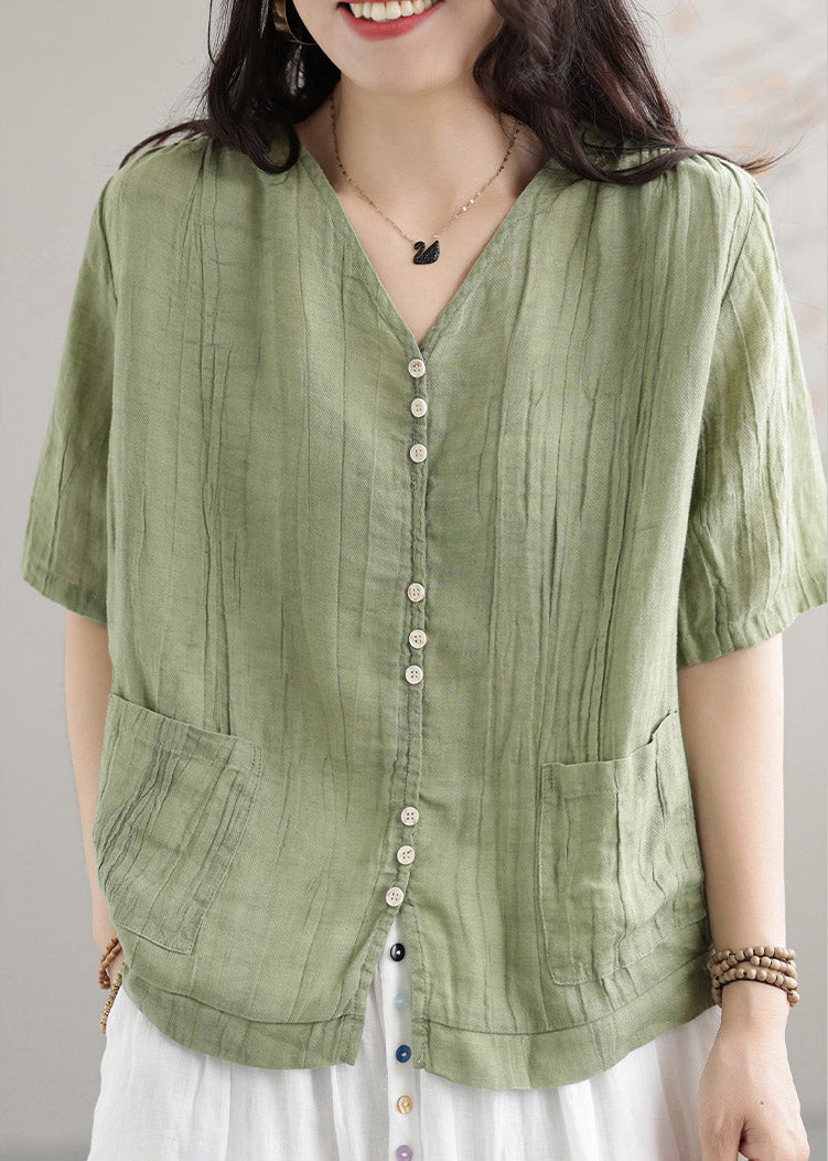 Fashion Green V Neck Linen T Shirts Short Sleeve
