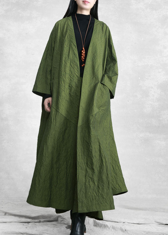 Fashion Green V Neck Pockets Trench Coats And Wide Leg Pants Two Pieces Set Spring