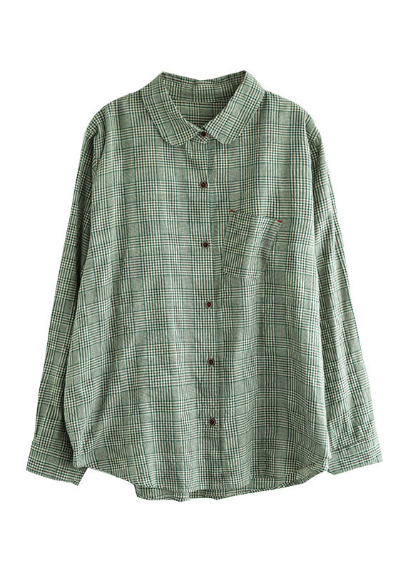 Fashion Green button Peter Pan Collar Cotton Shirt Tops Long Sleeve