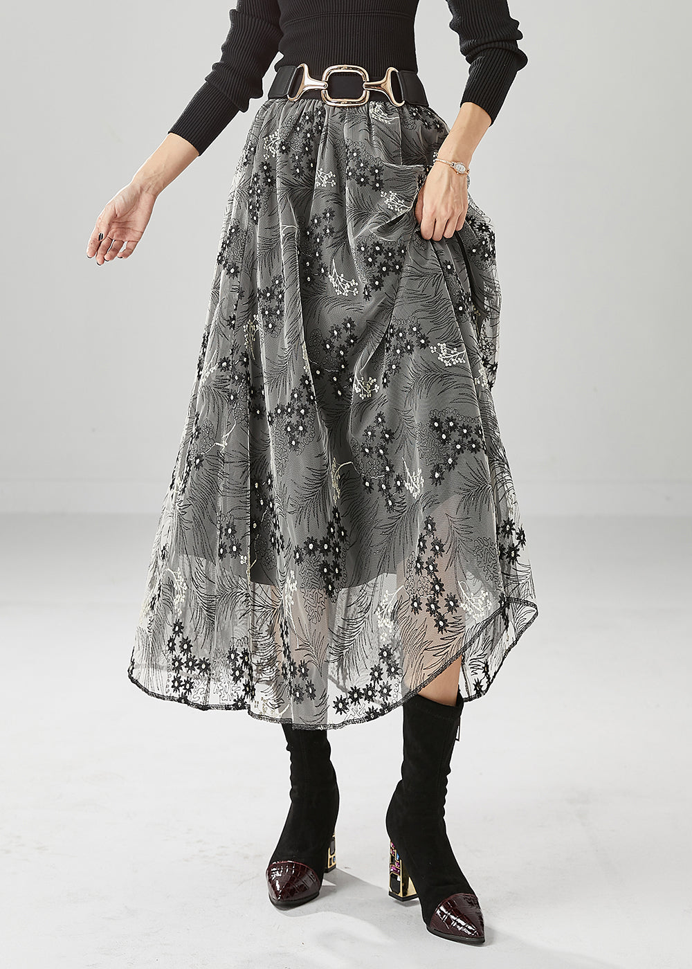 Fashion Grey Embroideried Exra Large Hem Tulle Skirts Fall