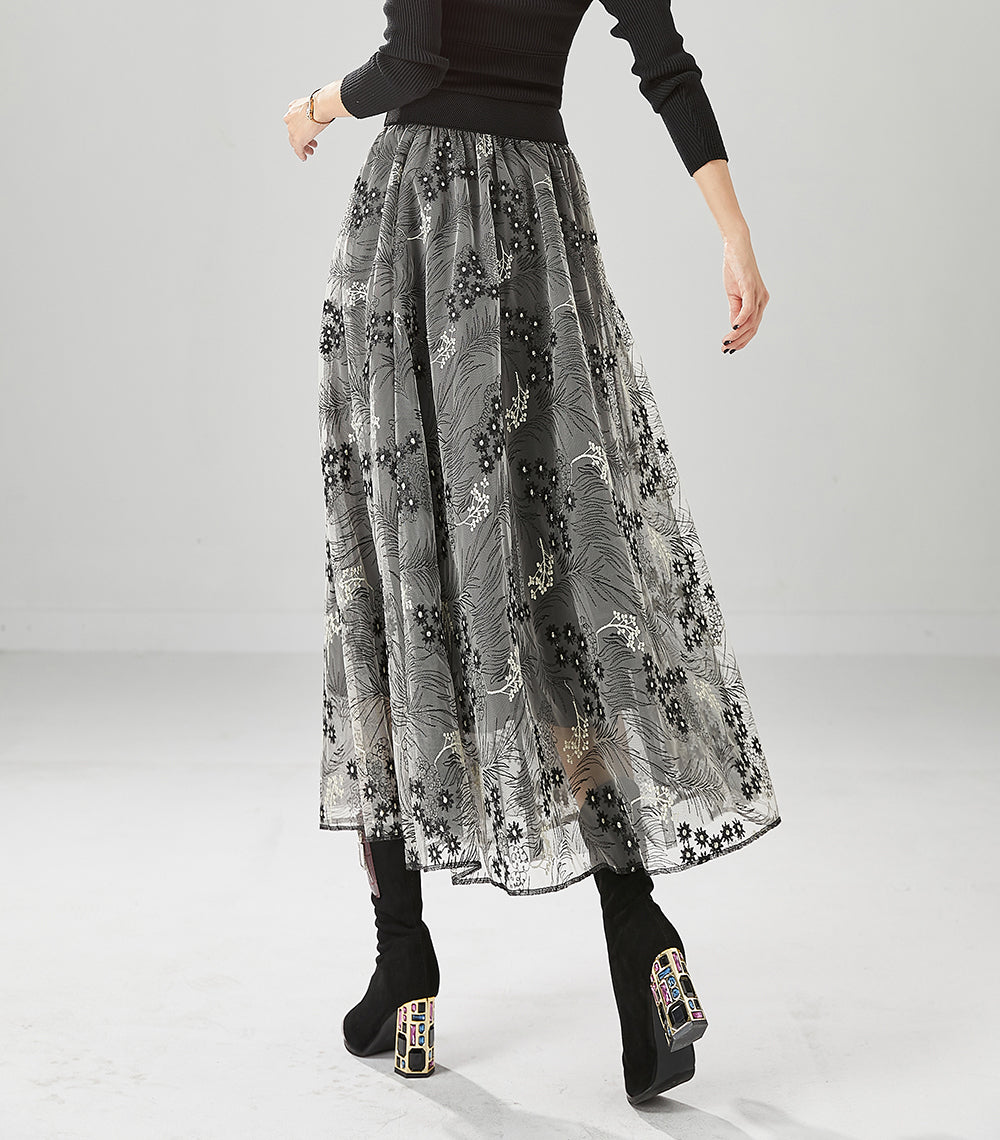 Fashion Grey Embroideried Exra Large Hem Tulle Skirts Fall