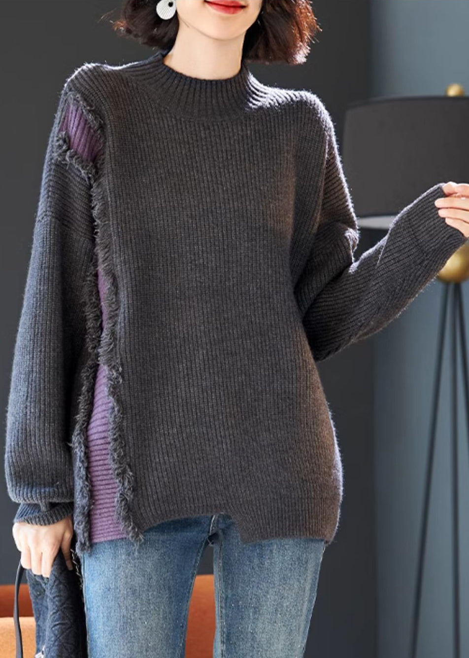 Fashion Grey Fluffy Patchwork Thick Knit Sweater Tops Winter