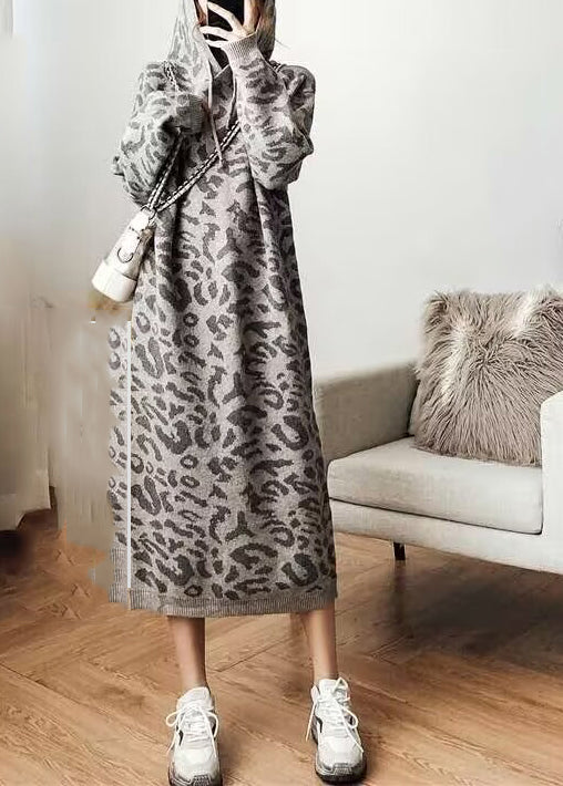 Fashion Grey Leopard Cozy Hoodie Knit Sweater Dress Fall