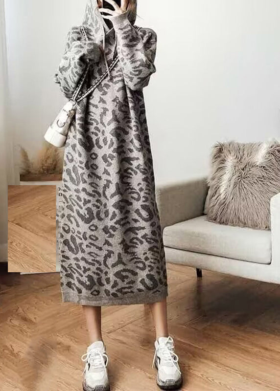 Fashion Grey Leopard Cozy Hoodie Knit Sweater Dress Fall
