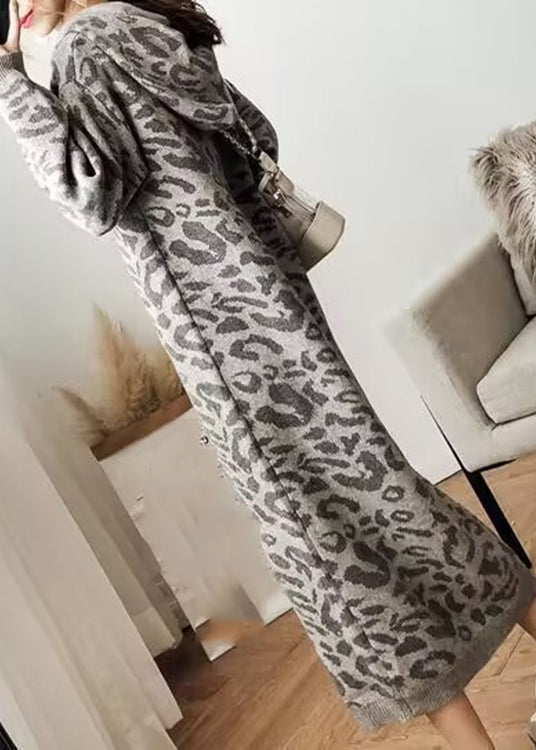 Fashion Grey Leopard Cozy Hoodie Knit Sweater Dress Fall