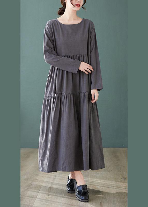 Fashion Grey Loose Pockets wrinkled Fall Vacation Dresses Long sleeve - Omychic