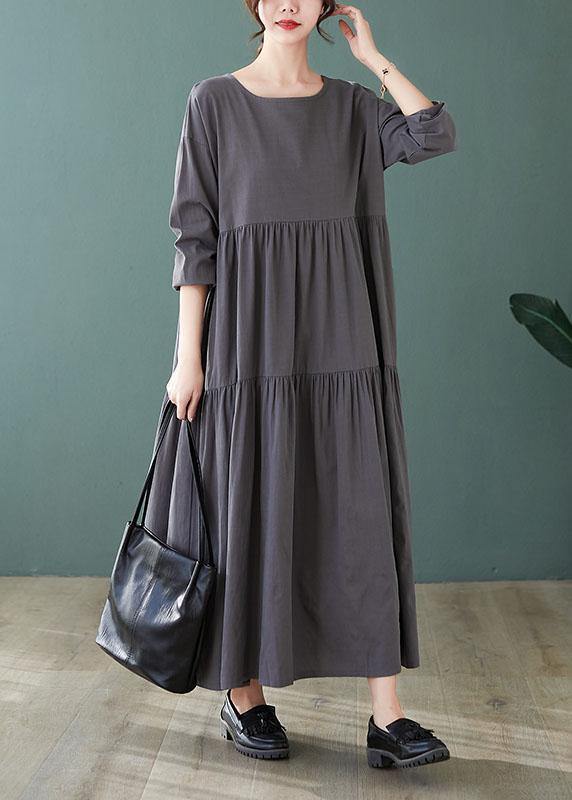 Fashion Grey Loose Pockets wrinkled Fall Vacation Dresses Long sleeve - Omychic