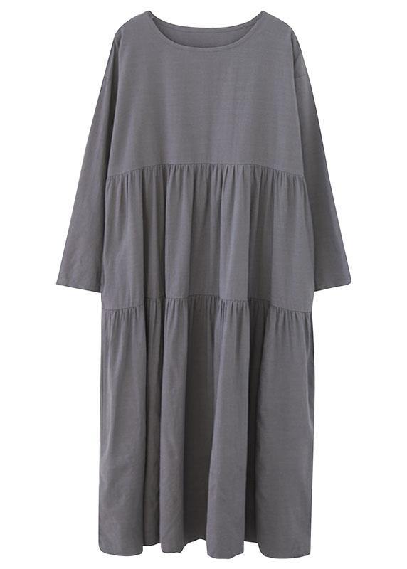 Fashion Grey Loose Pockets wrinkled Fall Vacation Dresses Long sleeve - Omychic