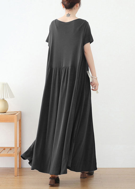 Fashion Grey O-Neck Asymmetrical Design Long Dresses Short Sleeve