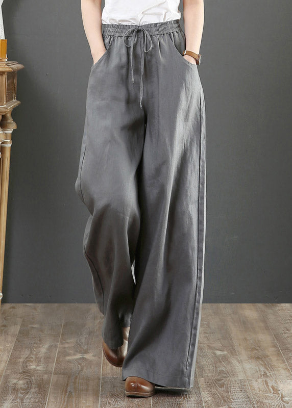 Fashion Grey Pockets Elastic Waist Tie Waist Linen Pants Summer
