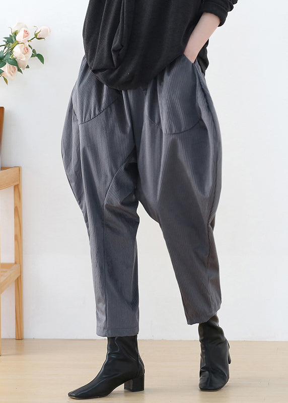 Fashion Grey Pockets Patchwork Elastic Waist Corduroy Lantern Pants Fall