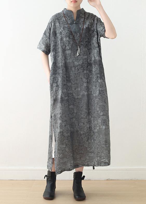 Fashion Grey Print Oriental Summer Linen Dress - Omychic