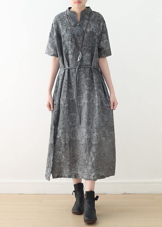 Fashion Grey Print Oriental Summer Linen Dress - Omychic