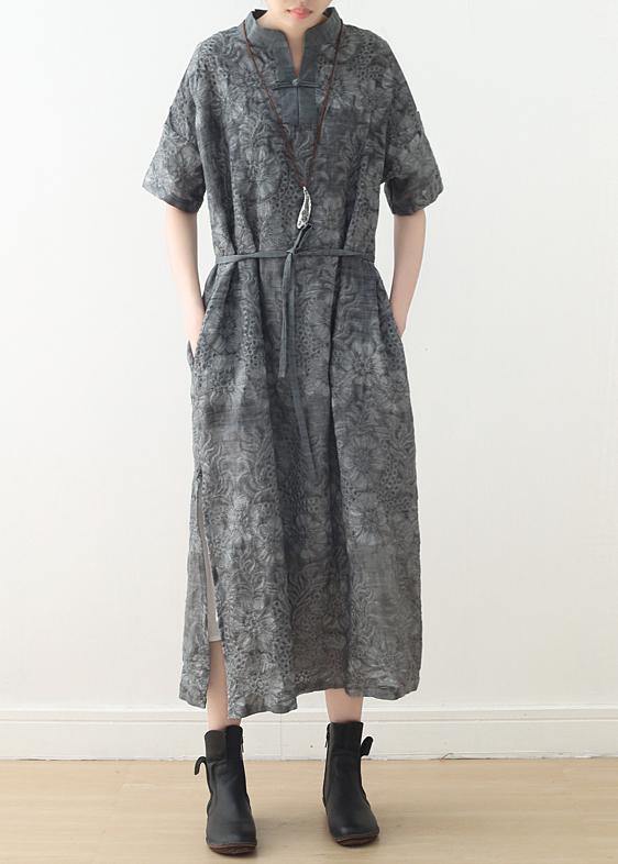 Fashion Grey Print Oriental Summer Linen Dress - Omychic