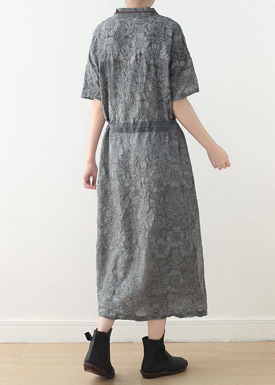 Fashion Grey Print Oriental Summer Linen Dress - Omychic