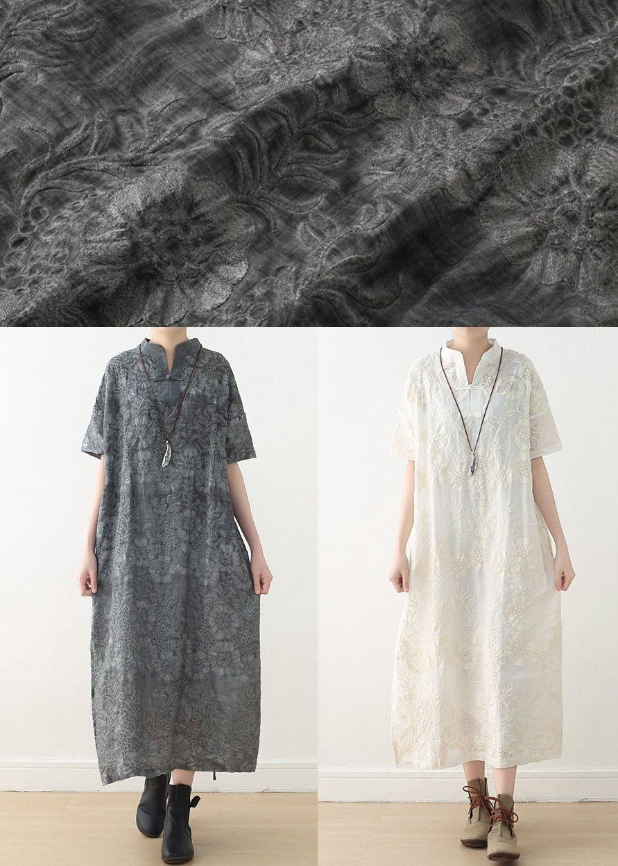 Fashion Grey Print Oriental Summer Linen Dress - Omychic