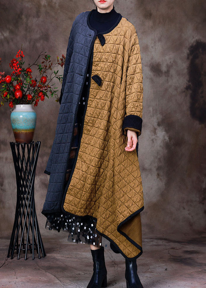 Fashion Grey Yellow Asymmetrical Pockets Patchwork Fine Cotton Filled Winter Coats Winter