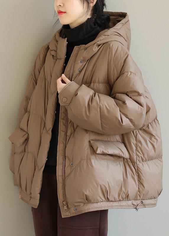 Fashion Khaki Hooded Zippered Pockets Winter Down Coat Long sleeve - Omychic