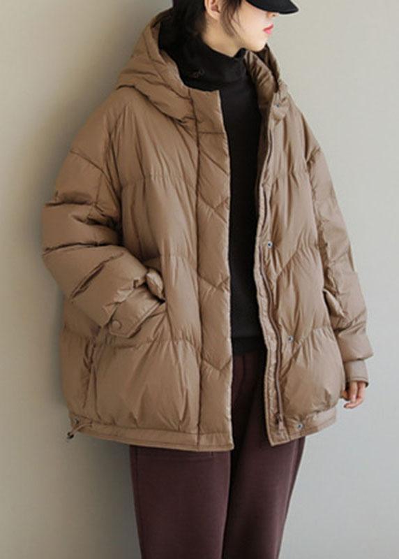 Fashion Khaki Hooded Zippered Pockets Winter Down Coat Long sleeve - Omychic