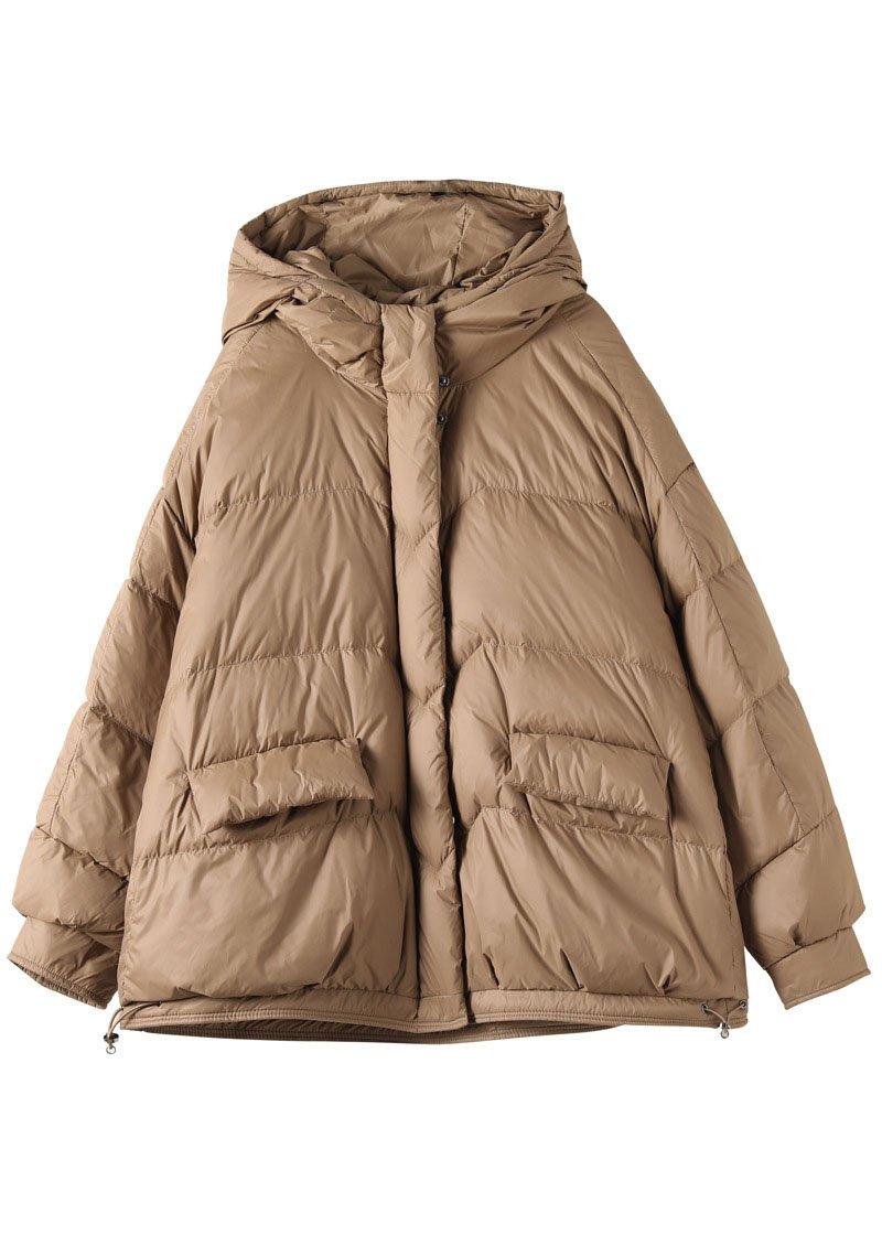 Fashion Khaki Hooded Zippered Pockets Winter Down Coat Long sleeve - Omychic