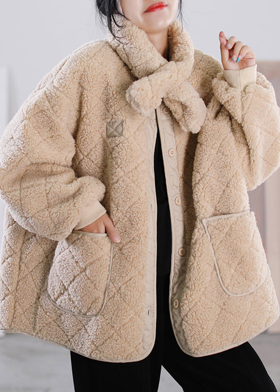Fashion Khaki O-Neck Button Pockets Faux Fur Coat Winter