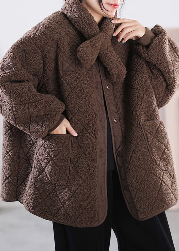 Fashion Khaki O-Neck Button Pockets Faux Fur Coat Winter