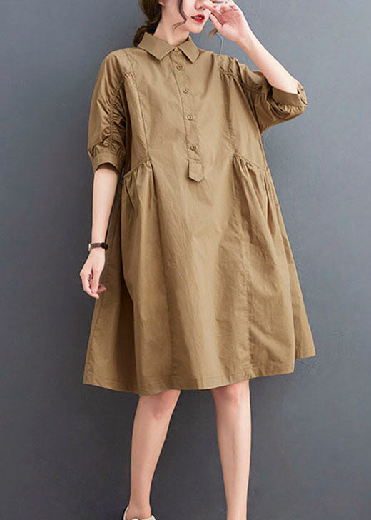 Fashion Khaki Peter Pan Collar Button Cotton Dresses Half Sleeve