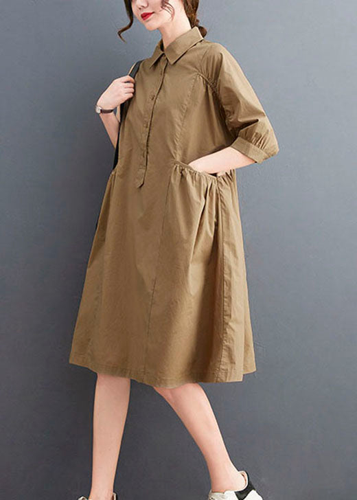 Fashion Khaki Peter Pan Collar Button Cotton Dresses Half Sleeve