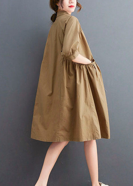 Fashion Khaki Peter Pan Collar Button Cotton Dresses Half Sleeve