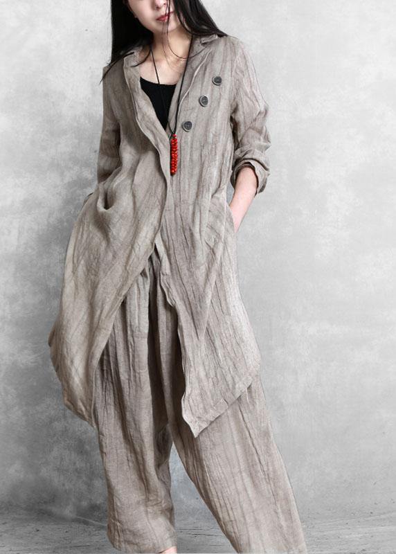 Fashion Khaki PeterPan Collar Button Fall Asymmetrical Design Two Piece Set Outfits Long Sleeve - Omychic
