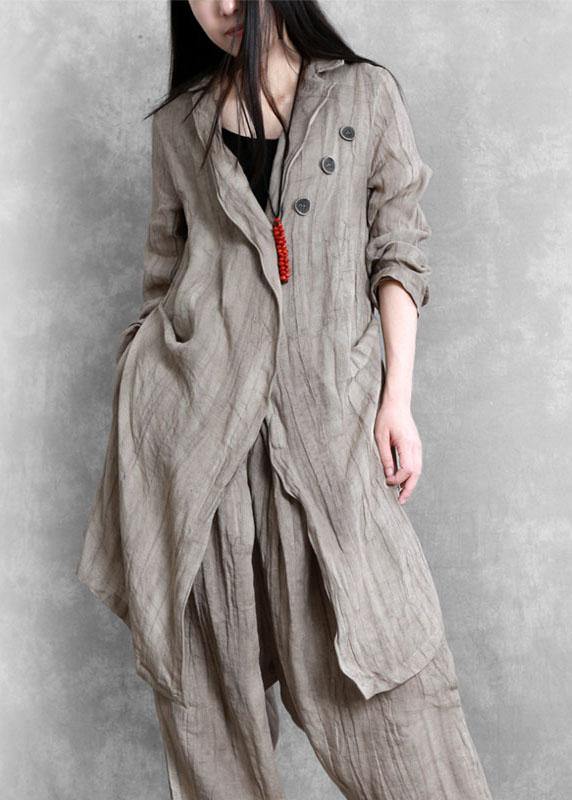Fashion Khaki PeterPan Collar Button Fall Asymmetrical Design Two Piece Set Outfits Long Sleeve - Omychic
