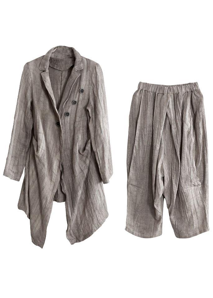 Fashion Khaki PeterPan Collar Button Fall Asymmetrical Design Two Piece Set Outfits Long Sleeve - Omychic