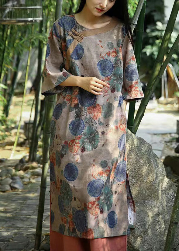 Fashion Khaki Print Pockets Patchwork Cotton Dress Half Sleeve
