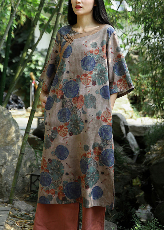 Fashion Khaki Print Pockets Patchwork Cotton Dress Half Sleeve