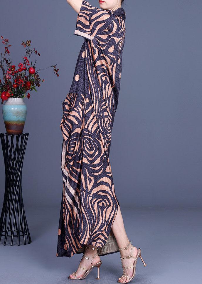 Fashion Khaki Print asymmetrical design Silk Dresses Summer - Omychic