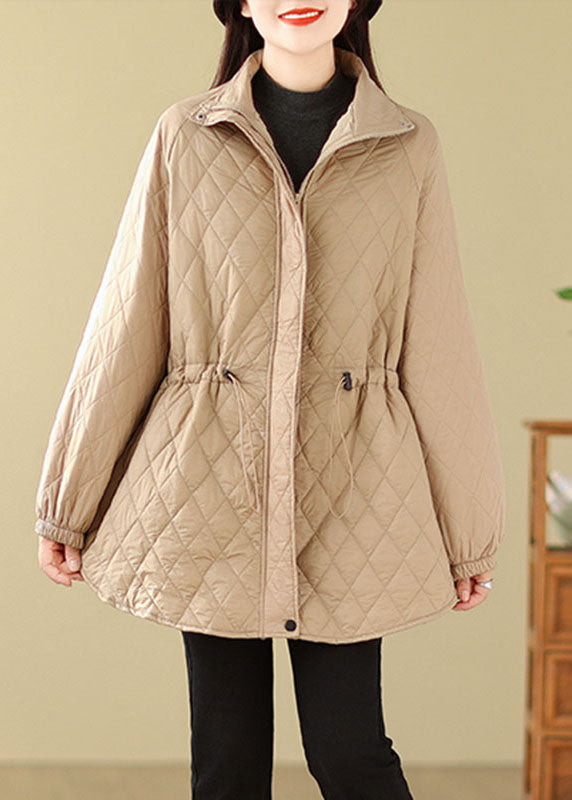 Fashion Khaki Stand Collar Drawstring Zippered Pockets Solid Parkas Coats Winter