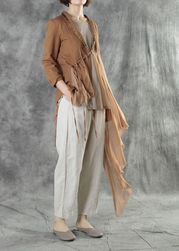 Fashion Khaki Tie Waist Patchwork Asymmetrical Design Fall Jackets Long Sleeve - Omychic