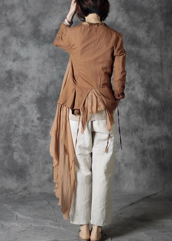 Fashion Khaki Tie Waist Patchwork Asymmetrical Design Fall Jackets Long Sleeve - Omychic