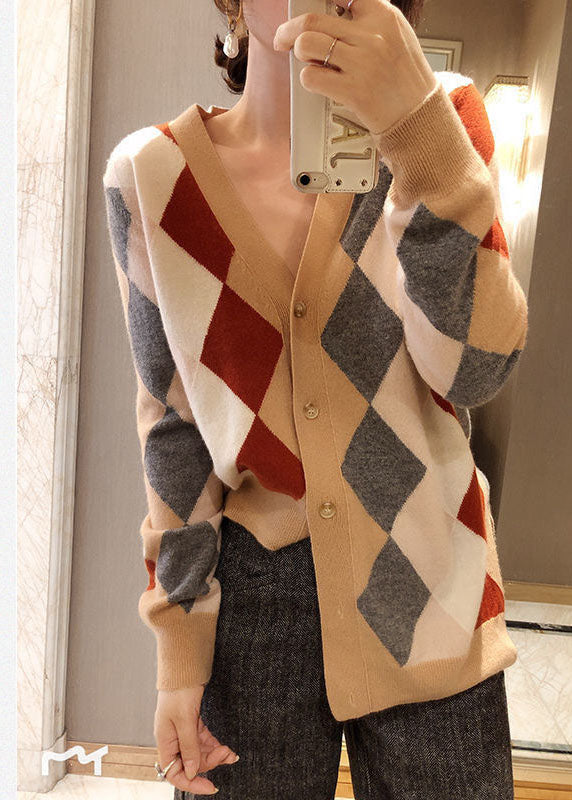 Fashion Khaki V Neck Asymmetrical Plaid Knit Cardigan Winter