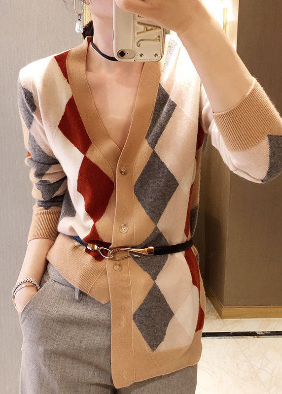 Fashion Khaki V Neck Asymmetrical Plaid Knit Cardigan Winter